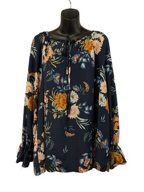 BloomChic Boho Floral Keyhole Tie Neck Blouse Long Ruffle Sleeve Top Plus 14 16